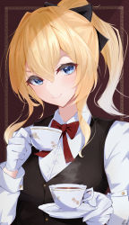 Rule 34 | 1girl, absurdres, black bow, blonde hair, blue eyes, bow, bowtie, closed mouth, collared shirt, cup, genshin impact, gloves, hair between eyes, hair bow, highres, holding, holding cup, holding plate, jean (genshin impact), looking at viewer, pisuke (user kcmh2774), plate, ponytail, red bow, shirt, smile, solo, teacup, white gloves, white shirt