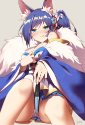 Rule 34 | 1girl, :q, animal ears, azur lane, blue eyes, blue hair, blue skirt, blush, breasts, feet out of frame, folding fan, fur trim, grey background, hair ornament, hand fan, holding, holding fan, japanese clothes, jintsuu (azur lane), kimono, large breasts, long hair, long sleeves, looking at viewer, obi, panties, pantyshot, pleated skirt, sash, simple background, sitting, skirt, smile, solo, supershiruco, tongue, tongue out, twitter username, underwear, white panties, wide sleeves