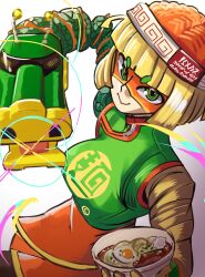 Rule 34 | 1girl, absurdres, arms (game), beanie, blonde hair, bob cut, bowl, dragon (arms), eye mask, food, green eyes, hat, highres, holding, holding bowl, min min (arms), moxydraws, noodles, ramen, short hair, smile, solo