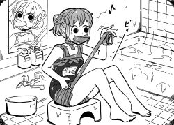 Rule 34 | 1girl, 4shi, bags under eyes, bare arms, barefoot, bath stool, bathroom, bathtub, commentary request, dango-chan (4shi), different reflection, eighth note, faucet, full body, gag, gagged, greyscale, hair bun, highres, hollow eyes, improvised gag, indoors, knees up, looking at viewer, looking back, mirror, monochrome, musical note, name tag, on stool, one-piece swimsuit, original, reflection, school swimsuit, self bondage, sitting, soap dispenser, stool, swimsuit, tape, tape gag, tile floor, tile wall, tiles