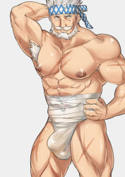 Rule 34 | 1boy, abs, armpit hair, bad id, bad pixiv id, bara, beard, bulge, cerberus arts, collarbone, covered abs, covered navel, cowboy shot, facial hair, fundoshi, granblue fantasy, headband, japanese clothes, large pectorals, male focus, male underwear, mature male, midriff sarashi, muscular, muscular male, mustache, nipples, old, old man, pectorals, sarashi, scar, solo, soriz, thick thighs, thighs, topless male, underwear, white male underwear