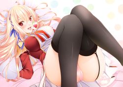Rule 34 | 1girl, absurdres, azur lane, blonde hair, blue ribbon, braid, breasts, commentary request, eating, epaulettes, food, french braid, fruit, highres, jacket, king george v (azur lane), large breasts, long hair, lying, on back, origami aya, panties, pantyshot, pink panties, red eyes, red jacket, ribbon, ribbon braid, side braid, single braid, skirt, solo, strawberry, thigh strap, thighhighs, underwear, white skirt
