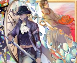Rule 34 | 3boys, black hair, blonde hair, blue eyes, brothers, clock, ascot, hat, luneisweenysweet, male focus, monkey d. luffy, multiple boys, one piece, painterly, portgas d. ace, sabo (one piece), siblings, sword, time paradox, weapon