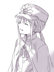 Rule 34 | 1boy, closed eyes, closed mouth, family crest, fate/grand order, fate (series), hair between eyes, hat, highres, jacket, long hair, low ponytail, male focus, oda nobukatsu (fate), oda uri, parted lips, peaked cap, ponytail, sidelocks, smile, solo, tachitsu teto, upper body, white background