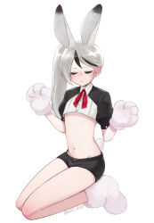 Rule 34 | 1boy, animal ears, animal hands, black hair, black jacket, black shorts, blush, closed eyes, closed mouth, cropped shirt, embarrassed, gloves, highres, jacket, library of ruina, long hair, male playboy bunny, moribe denkou, multicolored hair, navel, paw gloves, paw shoes, project moon, puffy short sleeves, puffy sleeves, rabbit ears, short sleeves, shorts, shrug (clothing), side ponytail, solo, streaked hair, white hair, yan vismok