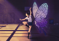 Rule 34 | 1girl, absurdres, arm up, ball, ballerina, ballet, bare arms, basket, basketball court, basketball hoop, black hair, black socks, blue skirt, blunt bangs, breasts, butterfly wings, collared shirt, dancing, detached wings, dress shirt, en pointe, gym, high ponytail, highres, if second, indoors, insect wings, knee up, kneehighs, light particles, light rays, long hair, looking away, miniskirt, no shoes, original, outstretched arm, plaid, plaid skirt, plantar flexion, pleated skirt, ponytail, profile, purple theme, purple wings, school uniform, shelf, shirt, shirt tucked in, short sleeves, sidelocks, skirt, socks, solo, standing, standing on one leg, very long hair, white shirt, wide shot, window shadow, wings