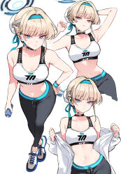 Rule 34 | 1girl, absurdres, arms up, black choker, black pants, blonde hair, blue archive, blue eyes, blue halo, bottle, braid, breasts, bun cover, choker, collarbone, hair bun, hair intakes, hairband, halo, hand on own hip, highres, holding, holding bottle, medium breasts, microphone, midriff, millennium science school logo, multiple views, navel, pants, parted lips, shigure s, shoes, simple background, sneakers, sports bra, stomach, toki (blue archive), white background, white sports bra, wristband, yoga pants