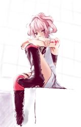 Rule 34 | 1girl, anya alstreim, armpits, bare shoulders, boots, breasts, code geass, convenient leg, crossed arms, dress, high heels, high ponytail, highres, kirisato itsuki, knee boots, leg lift, looking at viewer, pink eyes, pink hair, pink thighhighs, ponytail, serious, short dress, short hair, sitting, sketch, small breasts, solo, tattoo, thigh strap, thighhighs, uniform, wavy hair, white dress