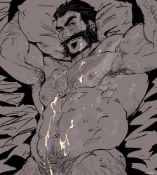 Rule 34 | 1boy, bara, beard, bed, cum, cum on body, facial hair, highres, league of legends, lying, graves (league of legends), male focus, muscular, nipples, pectorals, pillow, rlbiok, smile, solo, tagme