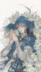 Rule 34 | 1girl, absurdres, animal, animal on shoulder, belt, bird, bird on shoulder, blue capelet, blue hair, brooch, capelet, character name, closed eyes, feathered wings, final fantasy, final fantasy xiv, flower, grey background, head wings, highres, holding, holding flower, jewelry, long sleeves, lying, meteion, on back, open mouth, own hands together, shirt, short hair, solo, tassel, tladpwl03, upper body, white shirt, wings