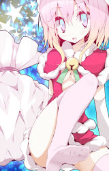 Rule 34 | 1girl, bad id, bad pixiv id, bell, blue hair, breasts, christmas, cleavage, fang, feet, gradient hair, highres, legs, medium breasts, multicolored eyes, multicolored hair, oouso, original, pink hair, santa claus, santa costume, short hair, solo, thighhighs, white thighhighs