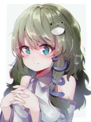 Rule 34 | 1girl, bare shoulders, blue eyes, blush, closed mouth, collared shirt, detached sleeves, frog hair ornament, green hair, hair ornament, highres, kochiya sanae, medium hair, musssssssum, own hands together, shirt, simple background, single sidelock, snake hair ornament, solo, star (symbol), touhou, white background