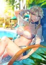 Rule 34 | 1girl, ahoge, alternate costume, arm up, artoria pendragon (fate), artoria pendragon (lancer) (fate), beach chair, beach umbrella, blonde hair, blurry, braid, breasts, chair, choker, cleavage, commentary request, day, deck chair, depth of field, eyes visible through hair, fate/grand order, fate (series), french braid, green eyes, hair between eyes, hair bun, highres, jewelry, large breasts, light smile, lips, looking at viewer, lounge chair, navel, necklace, off shoulder, outdoors, palm tree, pool, poolside, redrop, shade, shiny skin, sidelocks, single hair bun, sitting, solo, solo focus, sparkle, stomach, swept bangs, swimsuit, tree, umbrella