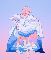 Rule 34 | 1girl, absurdres, bare shoulders, closed eyes, clothes lift, cloud, crescent moon, dress, dress lift, full body, gradient background, highres, long hair, meyoco, moon, off-shoulder dress, off shoulder, original, pink background, pink hair, profile, purple background, solo, standing, white dress