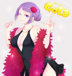 Rule 34 | 1girl, bad id, bad pixiv id, black dress, blue eyes, carina (one piece), center opening, copyright name, dress, earrings, feather boa, flower, grey background, hair bun, hair flower, hair ornament, jewelry, nashimo (drz n), one eye closed, one piece, one piece film: gold, purple hair, simple background, single hair bun, solo, sparkle, teeth