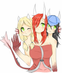 Rule 34 | black hair, blonde hair, conjoined, dragon girl, green eyes, hair over one eye, hat, highres, horns, red hair, scales, smile, tail