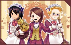 1girl 2boys ;d alternate_costume apron arm_cannon black_eyes black_hair blonde_hair blue_eyes blush bow bowtie broom brown_eyes brown_hair butler closed_mouth crossdressing dress enmaided formal formal_clothes frown gloves happy headdress heart highres holding holding_broom jacket long_sleeves looking_at_viewer maid maid_apron maid_headdress mii_(nintendo) mii_brawler_(smash_ultimate) mii_gunner_(smash_ultimate) mii_swordfighter_(smash_ultimate) miitaku multiple_boys nintendo one_eye_closed open_mouth pants puffy_sleeves purple_bow purple_bowtie shirt short_hair smile sparkle suit sweat sweatdrop vest weapon white_apron white_gloves