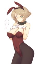 Rule 34 | 10s, 1girl, alternate costume, animal ears, bad id, bad nijie id, bare shoulders, blush, breasts, brown hair, brown pantyhose, cleavage, covered navel, cowboy shot, fake animal ears, gloves, green eyes, interlocked fingers, kantai collection, large breasts, leotard, looking at viewer, mutsu (kancolle), nakadori (movgnsk), navel, open mouth, pantyhose, playboy bunny, rabbit ears, short hair, solo, standing, white gloves