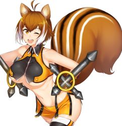 Rule 34 | 1girl, absurdres, animal ears, antenna hair, arc system works, bare shoulders, black thighhighs, blazblue, blush, breasts, brown hair, collar, cowboy shot, crop top, gloves, hair between eyes, hands on own hips, highres, large breasts, light blush, looking at viewer, makoto nanaya, miniskirt, multicolored hair, one eye closed, open mouth, orange eyes, purinnssu, short hair, simple background, skirt, solo, squirrel ears, squirrel tail, standing, tail, thighhighs, thighs, thong, two-tone hair, underboob, weapon, white background