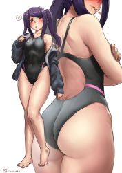 Rule 34 | 1girl, anger vein, ass, barefoot, black hair, black jacket, black one-piece swimsuit, blush, cigarette, collarbone, commentary, competition swimsuit, covered navel, cowboy shot, finalcake, full body, head out of frame, jacket, jill stingray, long hair, looking at viewer, mouth hold, multiple views, one-piece swimsuit, red eyes, simple background, spoken anger vein, standing, striped clothes, striped one-piece swimsuit, swimsuit, twintails, va-11 hall-a, white background, zoom layer