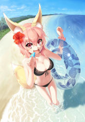 Rule 34 | 1girl, :d, animal ears, bad id, bad pixiv id, bare arms, bare legs, beach, bikini, black bikini, breasts, cleavage, day, fang, floral print, flower, food, fox ears, fox tail, from above, front-tie bikini top, front-tie top, full body, hair flower, hair ornament, hibiscus, highres, holding, holding food, innertube, leaf print, looking at viewer, medium breasts, navel, ocean, open mouth, original, outdoors, palm tree, pink hair, popsicle, puuzaki puuna, red flower, ripping, scrunchie, shadow, side-tie bikini bottom, sky, smile, solo, standing, stomach, string bikini, swim ring, swimsuit, tail, thigh gap, transparent, tree, wading, water drop, wrist scrunchie