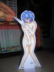 Rule 34 | 1girl, artist request, ayanami rei, blue hair, blush, covering privates, covering breasts, neon genesis evangelion, paper child, papercraft, photo (medium), short hair, tagme