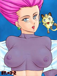Rule 34 | 1girl, :d, artist name, blue background, blue eyes, blush, breasts, breasts apart, cat, collarbone, covered erect nipples, creatures (company), crop top, cropped jacket, earrings, elbow gloves, fangs, forehead jewel, game freak, gen 1 pokemon, gloves, impossible clothes, jacket, jessie (pokemon), jewelry, jpeg artifacts, large breasts, lipstick, long hair, looking at viewer, makeup, meowth, midriff, nintendo, nipples, open clothes, open jacket, open mouth, paw pose, pink hair, pokemon, pokemon (creature), see-through, simple background, skin tight, smile, spandex, team rocket, turtleneck, undressing, upper body, white cat