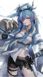 Rule 34 | 1girl, ;d, absurdres, arknights, black gloves, black shorts, blouse, blue hair, braid, breasts, bukui shi wo, cleavage, coat, cowboy shot, dragon horns, elbow gloves, garter straps, gloves, gourd, hand on own hip, highres, holding, horns, lantern, large breasts, ling (arknights), long hair, long sleeves, looking at viewer, multicolored hair, one eye closed, open clothes, open coat, open mouth, parted lips, pointy ears, shirt, short shorts, shorts, simple background, smile, solo, streaked hair, thigh strap, two-tone hair, underbust, very long hair, white background, white coat, white shirt, wide sleeves