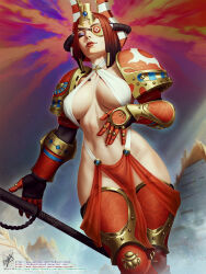 Rule 34 | 1girl, adeptus astartes, armor, armored boots, artist name, blue sky, blunt bangs, bob cut, boots, breasts, cleavage, closed eyes, closed mouth, collarbone, egyptian, egyptian architecture, eyeliner, eyepatch, gauntlets, helmet, highres, holding, holding staff, large breasts, lips, makeup, monokini, navel, one-piece swimsuit, outdoors, pauldrons, pelvic curtain, power armor, red hair, short hair, shoulder armor, sky, smile, solo, space marine, staff, stomach, swimsuit, themaestronoob, thousand sons, warhammer 40k, watermark, web address, white one-piece swimsuit
