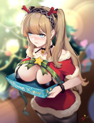 Rule 34 | 1girl, absurdres, antlers, bell, black bra, black choker, blue eyes, blurry, blurry background, blush, box, bra, breast hold, breasts, brown hair, brown pantyhose, choker, christmas, christmas present, christmas tree, cleavage, cleavage cutout, clothing cutout, collarbone, cowboy shot, dc (doughertyevans), dress, dutch angle, fake antlers, from above, frown, fur-trimmed dress, fur trim, gift, gift box, green nails, green ribbon, hair between eyes, headband, highres, horns, indoors, large breasts, long hair, looking to the side, mole, mole on breast, mole on shoulder, mole under eye, nail polish, neck bell, nose blush, original, pantyhose, parted lips, red dress, reindeer antlers, ribbon, short sleeves, sidelocks, signature, solo, standing, star (symbol), striped ribbon, twintails, underwear, very long hair, wrist cuffs