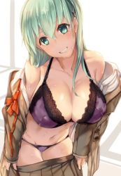 Rule 34 | 10s, 1girl, aqua eyes, aqua hair, armadillo-tokage, bad id, bad twitter id, bra, breasts, cleavage, clothes pull, grin, hair ornament, head tilt, kantai collection, lace, lace-trimmed bra, lace-trimmed panties, lace trim, large breasts, leaning forward, long hair, navel, off shoulder, open clothes, open shirt, panties, purple bra, purple panties, shirt, skirt, skirt pull, smile, solo, suzuya (kancolle), sweat, underwear, undressing, unfinished