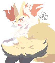 Rule 34 | 1girl, animal ear fluff, animal ears, arm up, black fur, blush, braixen, breasts, bright pupils, commentary, cowboy shot, creatures (company), dated, fang, fox ears, fox tail, furry, furry female, game freak, gen 6 pokemon, highres, looking at viewer, medium breasts, multicolored fur, navel, nintendo, nyaswitchnya, open mouth, orange eyes, orange fur, pokemon, pokemon (creature), red nose, signature, simple background, skin fang, solo, symbol-only commentary, tail, tsurime, white background, white fur, white pupils, yellow fur