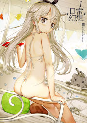 Rule 34 | 1girl, = =, ass, back, bed, bikini, bikini top only, blush, bottomless, brown eyes, dan evan, eyebrows, from behind, hair between eyes, highres, indoors, kantai collection, long hair, looking at viewer, looking back, open mouth, rensouhou-chan, revision, shimakaze (kancolle), silver hair, sitting, smile, solo, swimsuit, white bikini