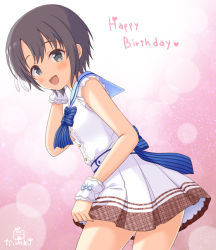 Rule 34 | 1girl, :d, bare arms, black eyes, blue bow, blue ribbon, blush, bow, brown eyes, commentary request, cowboy shot, dress, frilled dress, frilled sleeves, frills, hair ornament, happy birthday, heart, idolmaster, idolmaster cinderella girls, idolmaster cinderella girls starlight stage, kaiware-san, leaning forward, looking at viewer, looking to the side, open mouth, otokura yuuki, ribbon, sailor dress, short hair, signature, sleeveless, sleeveless dress, smile, solo, standing, striped bow, striped ribbon, tareme, white dress, wrist cuffs