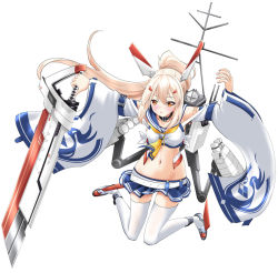 Rule 34 | 1girl, ayanami (azur lane), azur lane, bandaid, belt, black choker, blonde hair, blue sailor collar, blue skirt, choker, clothing cutout, commentary request, detached sleeves, double horizontal stripe, floating, hair ornament, hairclip, headgear, holding, holding sword, holding weapon, huge weapon, long hair, looking at viewer, microskirt, navel, red eyes, rigging, sailor collar, shirt, shoulder cutout, silver hair, simple background, skirt, solo, sword, taniguchi gou, thighhighs, weapon, white background, white belt, white shirt, white sleeves, white thighhighs, yellow neckwear