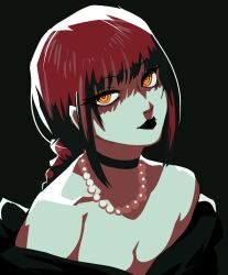 Rule 34 | 1girl, absurdres, bead necklace, beads, black background, black choker, black lips, braid, braided ponytail, breasts, chainsaw man, choker, cleavage, collarbone, highres, jewelry, looking at viewer, makima (chainsaw man), medium breasts, medium hair, necklace, off shoulder, portrait, red hair, ringed eyes, rumblyf, shaded face, sidelocks, solo, yellow eyes