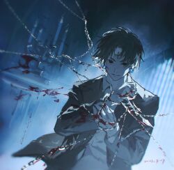 Rule 34 | 1boy, black eyes, black hair, black jacket, black suit, blood, blood on arm, blood on clothes, blood on face, blood on hands, chain, chrollo lucilfer, closed mouth, cross tattoo, earrings, facial mark, facial tattoo, forehead mark, forehead tattoo, formal, highres, holding, holding chain, holding knife, hunter x hunter, jacket, jewelry, knife, long sleeves, looking at viewer, male focus, mei ren, parted bangs, shirt, short hair, smile, solo, standing, suit, tattoo, white shirt