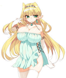 Rule 34 | 1girl, bare shoulders, blonde hair, blush, breasts, choker, cleavage, dress, earrings, elbow gloves, elf, female focus, gloves, green eyes, hair intakes, hair ornament, huge breasts, jewelry, long hair, looking at viewer, nakahashi mizuki, no panties, original, pointy ears, simple background, skirt, smile, solo, standing, thighhighs, white background, white gloves, white thighhighs