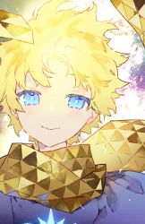 Rule 34 | 1boy, blonde hair, blue eyes, fate/requiem, fate (series), half-closed eyes, highres, male focus, noco (adamas), portrait, scarf, smile, solo, triangle print, voyager (fate), voyager (first ascension) (fate)