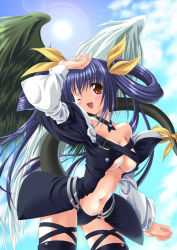 Rule 34 | 1girl, arc system works, asymmetrical wings, bare shoulders, blush, dizzy (guilty gear), guilty gear, noritama (gozen), one eye closed, purple hair, purple theme, ribbon, smile, solo, tail, tail ornament, tail ribbon, thighhighs, wings, wink