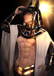 Rule 34 | 1boy, abs, absurdres, arm up, bare pectorals, brown hair, cloak, closed mouth, commentary request, dark skin, fate/grand order, fate (series), fingernails, hair between eyes, helmet, highres, long sleeves, male focus, navel, ozymandias (fate), partial commentary, pectorals, pymal2, short hair, solo, upper body, white cloak, yellow eyes