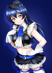 Rule 34 | 1girl, absurdres, black hat, blue hair, gloves, hat, highres, long hair, looking at viewer, love live!, no brand girls, noochan chonoda, smile, solo, sonoda umi, white gloves, yellow eyes