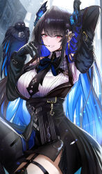 Rule 34 | 1girl, absurdres, arm up, asymmetrical horns, bird, black gloves, black hair, black thighhighs, blunt bangs, breasts, chest harness, clothing cutout, colored inner hair, commentary, crow, demon horns, fur trim, garter straps, gloves, harness, highres, hololive, hololive english, horns, kaji zarame, long hair, looking at viewer, medium breasts, multicolored hair, nerissa ravencroft, nerissa ravencroft (1st costume), red eyes, shoulder cutout, sidelocks, smile, solo, thighhighs, two-tone hair, uneven horns, very long hair, virtual youtuber