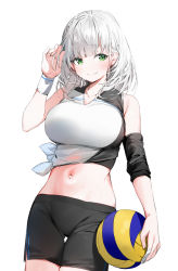 Rule 34 | 1girl, absurdres, ball, bare shoulders, black shorts, blush, breasts, closed mouth, collarbone, commentary request, cowboy shot, duplicate, green eyes, grey hair, highres, holding, holding ball, hololive, large breasts, looking away, medium hair, midriff, navel, pixel-perfect duplicate, shirogane noel, shirt, shorts, sideways glance, silver (chenwen), simple background, sleeveless, sleeveless shirt, smile, solo, standing, thighs, tied shirt, virtual youtuber, white background, wristband