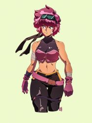 Rule 34 | 1girl, belt, black pants, borrowed character, breasts, brown eyes, cowboy shot, cropped legs, dated, david liu, gloves, goggles, goggles on head, highres, medium breasts, midriff, navel, original, pants, pink gloves, pink hair, short hair, signature, simple background, sleeveless, solo, thigh gap, yellow background