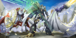Rule 34 | alphamon, armor, cannon, cape, claws, cliff, clothes, digimon, dk (13855103534), dual wielding, dukemon, epic, full armor, head wings, highres, holding, horns, monster, no humans, omegamon, polearm, royal knights, shield, single horn, spear, spikes, sword, weapon, wings