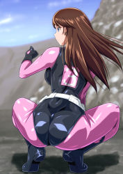 Rule 34 | 1girl, anime coloring, ass, blue eyes, bodysuit, brown hair, from behind, long hair, monteriakitto, profile, solo, squatting