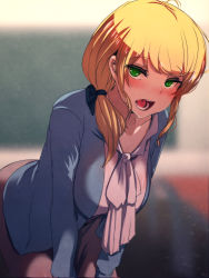 Rule 34 | 1girl, :o, absurdres, ahoge, artist name, at2., bent over, black skirt, blonde hair, blue bow, blue jacket, blurry, blurry background, blush, bow, breasts, chalkboard, classroom, collarbone, collared shirt, cowboy shot, desk, ellen baker, green eyes, hair bow, hair over shoulder, hanging breasts, highres, indoors, jacket, large breasts, long sleeves, low ponytail, new horizon, open mouth, pencil skirt, ribbon, school, school desk, see-through, shirt, sidelocks, skirt, solo, standing, table, teeth, tongue, white ribbon, white shirt