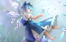 Rule 34 | 1girl, :d, ahoge, bare tree, barefoot, blue bow, blue eyes, blue hair, blue skirt, blush, bow, cirno, commentary request, floating, hair bow, head tilt, ice, ice wings, open mouth, petticoat, puffy short sleeves, puffy sleeves, revision, shironeko yuuki, shirt, short hair, short sleeves, skirt, smile, solo, suspender skirt, suspenders, touhou, tree, white shirt, wings