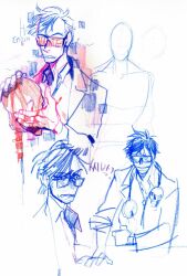 Rule 34 | 1boy, a.m, bad source, black hair, blood, blood on hands, decapitation, english text, glasses, grimace, i have no mouth and i must scream, korean text, kwh6762, lab coat, messy hair, necktie, nervous smile, personification, smile, traditional media